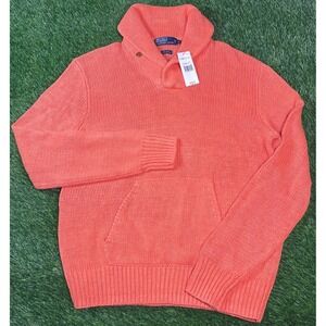 NEW Polo Ralph Lauren Mens L Pullover Linen Sweater Orange Shawl Neck Heavy Knit